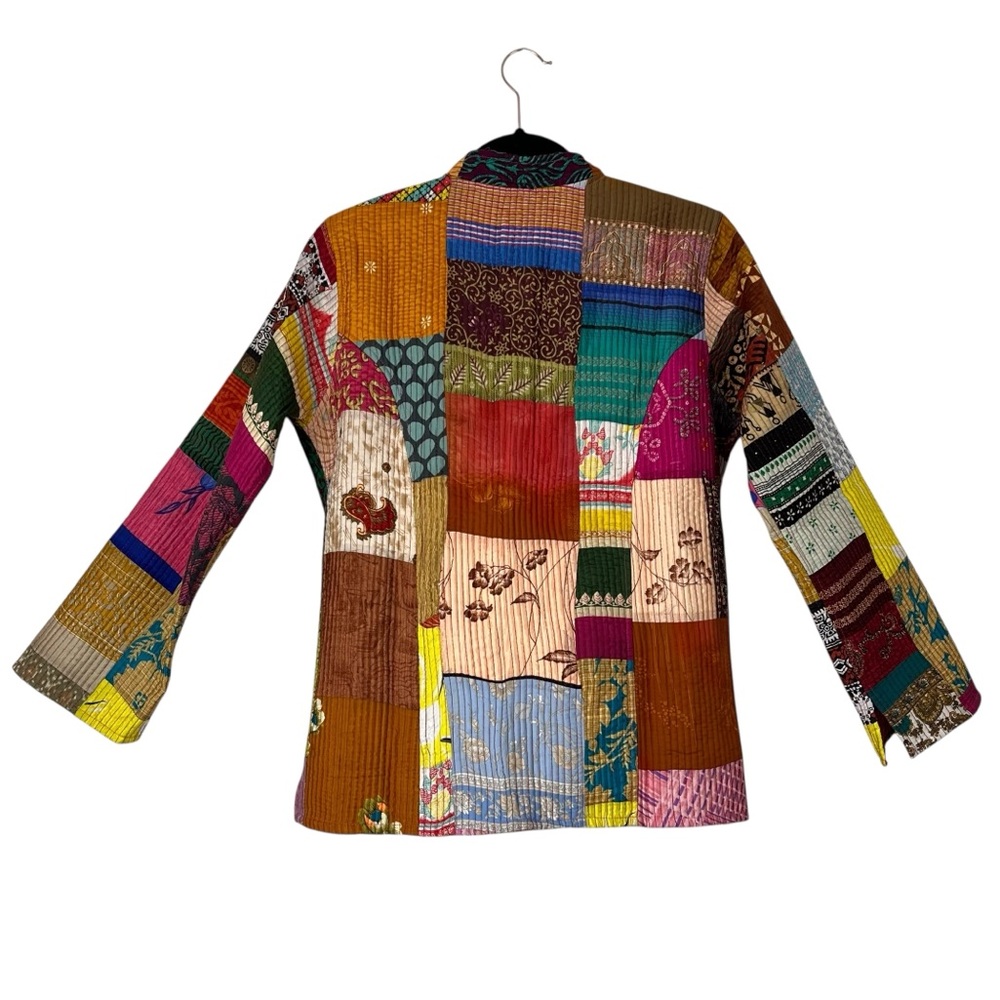 Like New Boho Indian Kantha Quilted Patchwork Silky Reversible Jacket - Picture 7 of 11